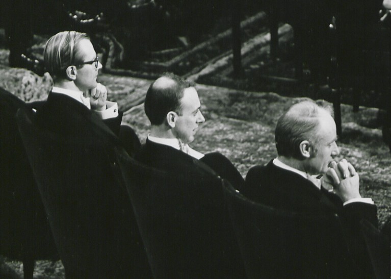 Photograph of Maurice Wilkins, James Watson and Francis Crick at the 1962 Nobel Prize ceremony