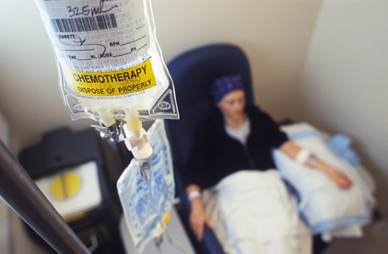 Female patient receiving chemotherapy.