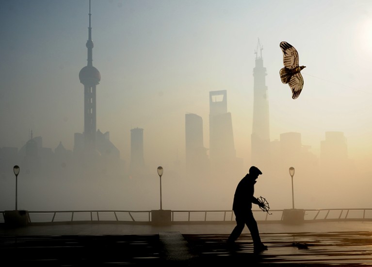Man flies kite at The Bund on December 5, 2013 in Shanghai, China.