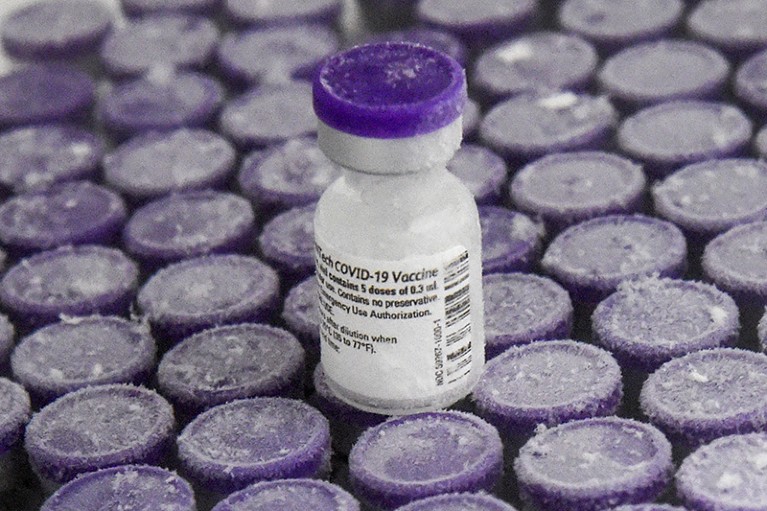 Vials of Pfizer-BioNTech vaccine for Covid-19, stored at -70° in a super freezer of the hospital of Le Mans, western France.
