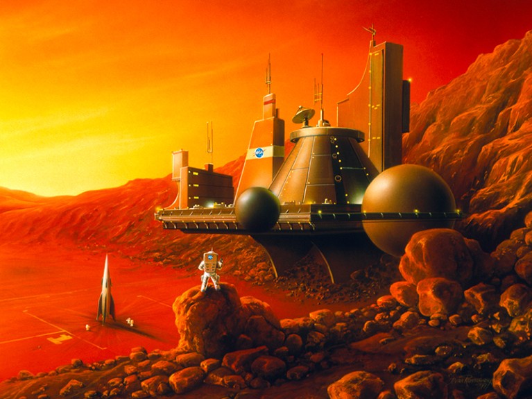 Mars base. Artwork of a base on Mars, with astronauts working on a rocket beside it.