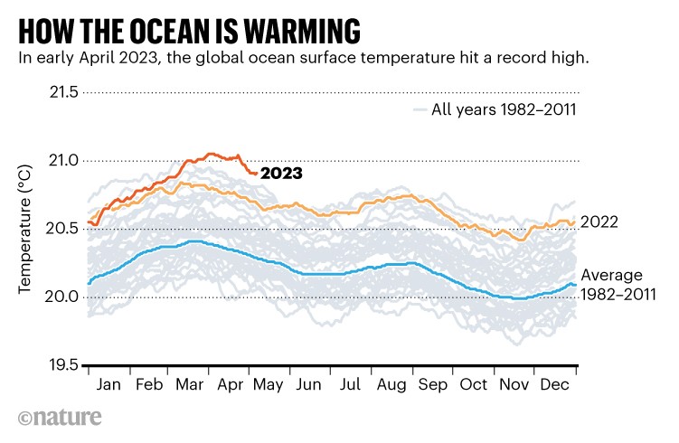 How the ocean is warming: Line chart showing global ocean surface temperature from 1982 to April 2023.