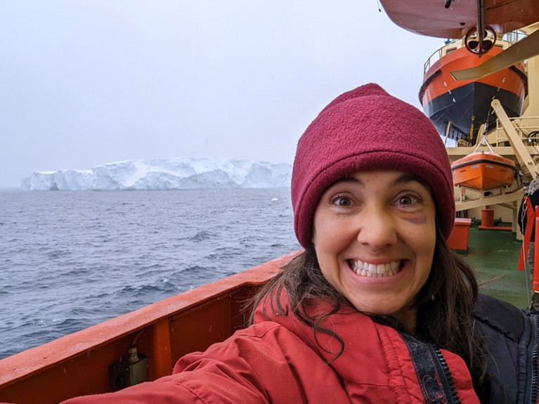 Virginia Schutte having a life-changed moment seeing a big iceberg for the first time.
