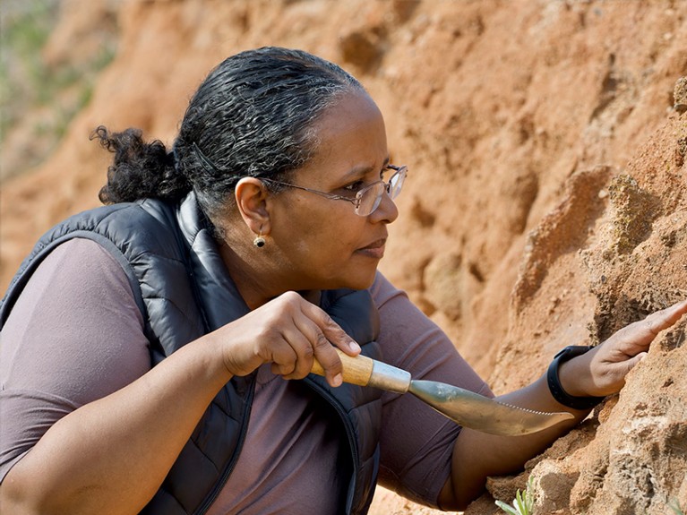 Asmeret Asefaw Berhe examining soil profile.
