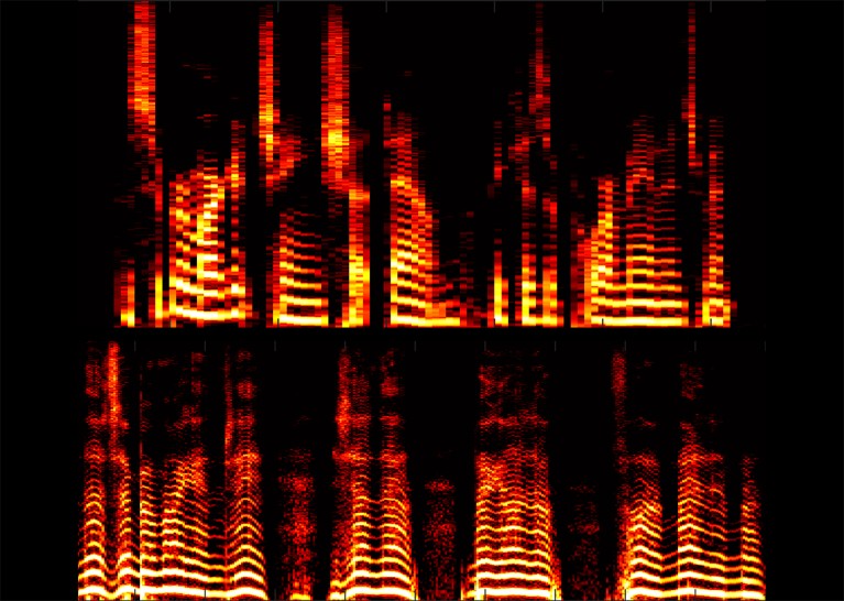 Two images of human speech shown as red and yellow spectrograms on a black background