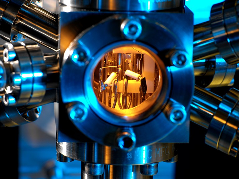 View inside a strontium optical clock pictured at the National Physical Laboratory in Teddington, UK.
