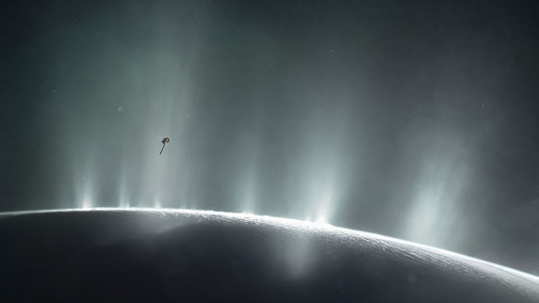 Artist's impression of NASA's Cassini spacecraft diving through the plume of Saturn's moon Enceladus, in 2015.