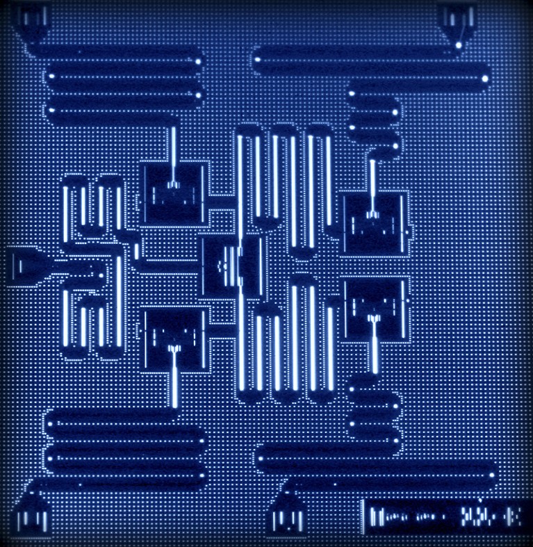 Close-up of the circuit design and layout for IBM's five-qubit superconducting quantum computing device