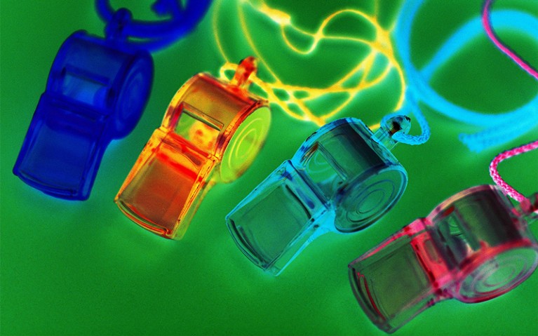 Coloured whistles.