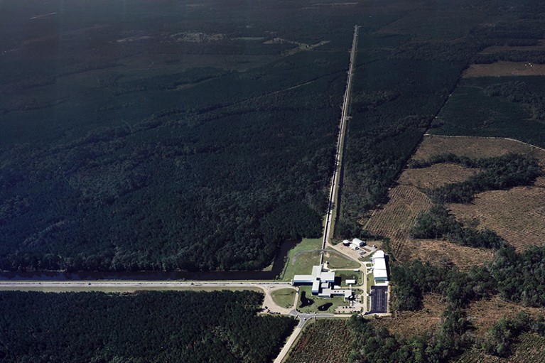 Aerial view of the Laser Interferometer Gravitational-wave Observatory in Livingston, Louisiana.