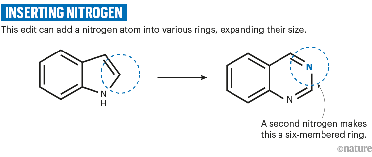 插入氮：一种化学方案，显示如何将氮原子添加到各种环中，扩大其尺寸。