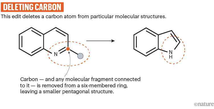 Deleting carbon: a chemical scheme that shows how a carbon atom can be deleted from particular molecular structures.