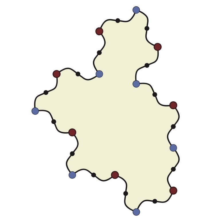 a transformed polygon with wavy edges and blue, red and black dots on the outline