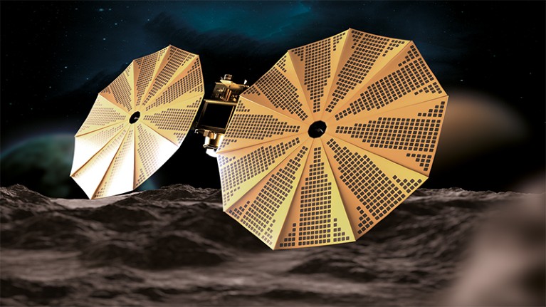 A computer rendering of a gold-coloured spacecraft with two large, decagonal solar arrays.