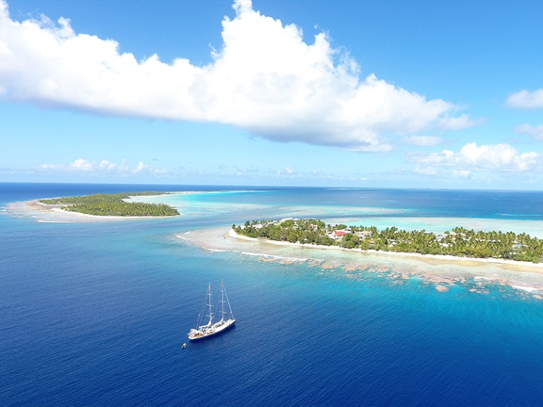 Drone view of Tara during mooring in front of 2 lagoon islets.
