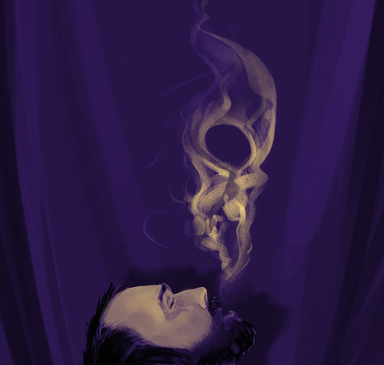 An illustration showing smoke coming out of a man's mouth. The smoke is in the shape of a human skull.