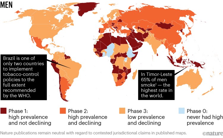 A map showing global smoking prevalence for men.