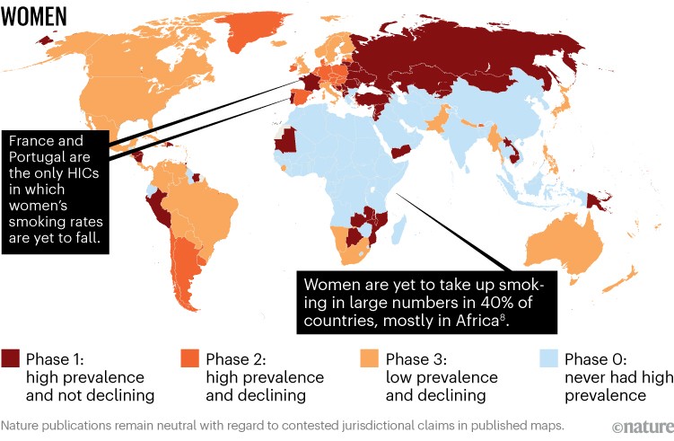 a map showing global smoking prevalence for women.