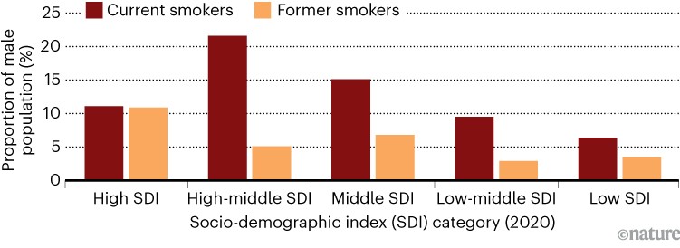 Bar chart showing that smoking cessation efforts have not yet had a significant effect in nations with lower development.