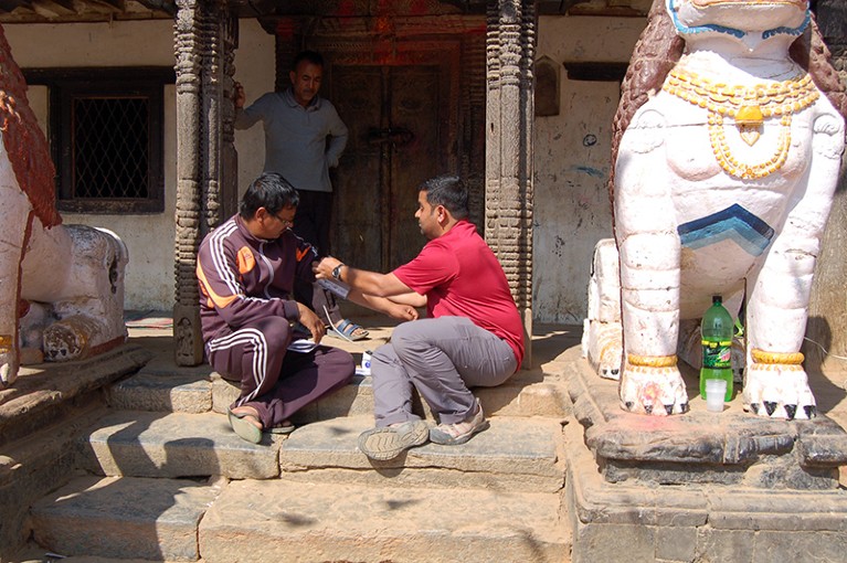 Aashish Jha collecting phenotypic data from a participant of Newar community in Lalitpur, Nepal.