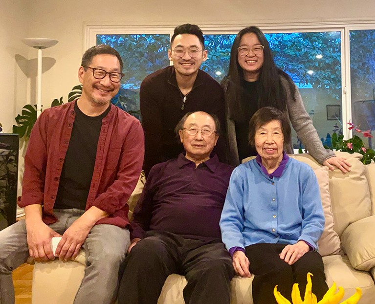 Fred Chang with his parents, and his son and daughter