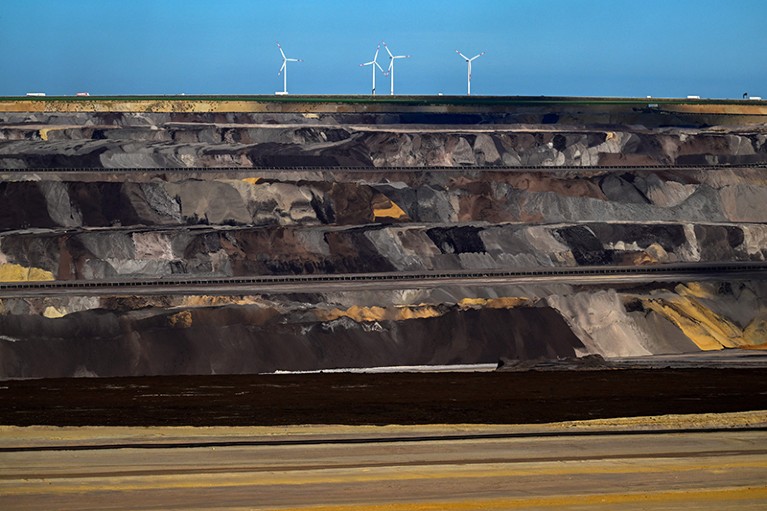 Wind turbines behind the Garzweiler lignite open cast mine in western Germany.