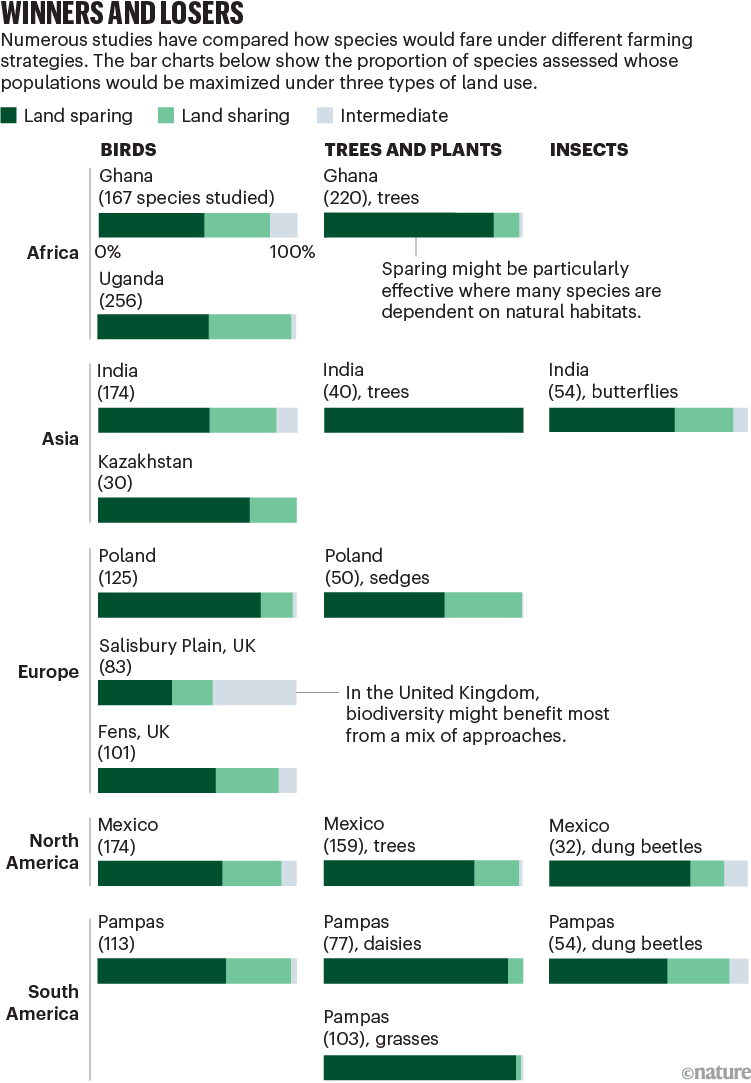 Winners and losers. Pie bars showing the share of land sparing, sharing and intermediate strategies by country by species.