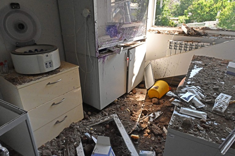 A close-up of the damage in a clinical medical laboratory