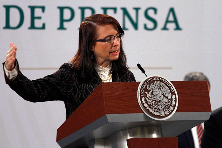 Director of the National Council of Science and Technology, Maria Elena Alvarez-Buylla, speaks during a 2021 press conference.