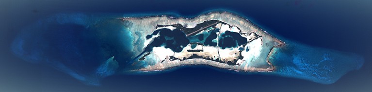 Satellite image, land and water of Palmyra atoll and coral reef.
