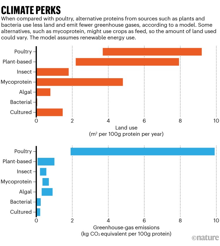 Climate Perks: Chart comparing land use and greenhouse-gas emissions between poultry and plant-based proteins.