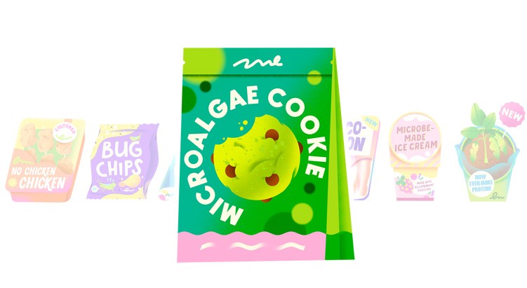 Stylised illustration of a microalgae cookie packet featuring a green coloured cookie with chocolate chips.