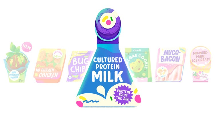 Stylised illustration of a cultured protein milk bottle with a label saying 'Protein from the air'.