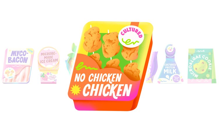 Stylised illustration of 'no-chicken-chicken' packaging with a label saying 'cultured'.