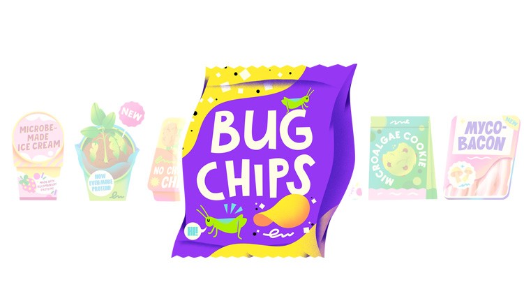 Stylised illustration of bug chips packaging featuring cartoon insects saying 'Hi'.