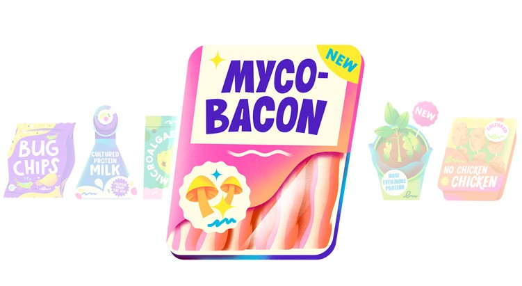 Stylised illustration of mycro-bacon packaging that is labelled 'new' and features images of mushrooms.