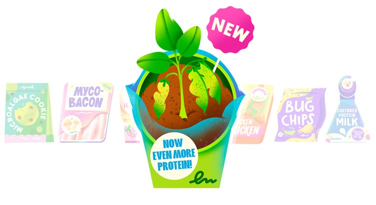 Stylised illustration of a plant protein product with labels saying 'new' and 'now even more protein'.