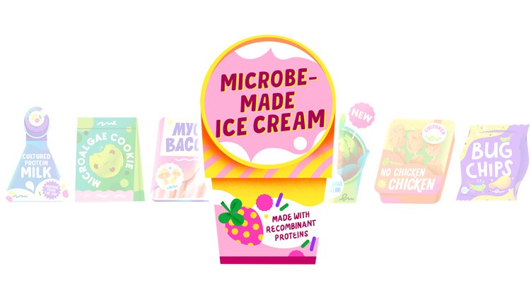 Stylised illustration of microbe-made ice cream packaging saying 'Made with recombinant proteins'.