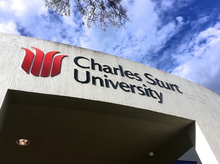 Exterior signage of Charles Sturt University in Canberra.