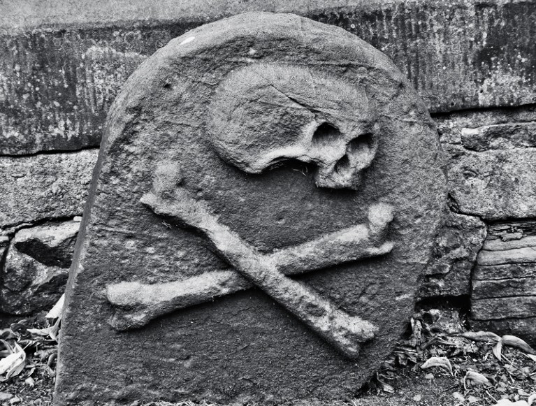 A close-up black and white image of a scull and crossbones on a headstone