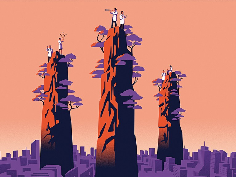 Illustration of three mountains rising from a cityscape, two people stand on top of each mountain