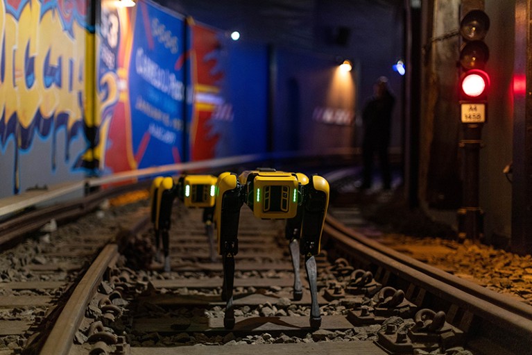 Two robotic dogs walk along railway tracks in a dark underground railway tunnel.