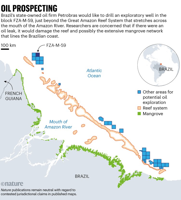 Oil prospecting: Map showing the location of a possible exploratory oil well just beyond the Great Amazon Reef System.