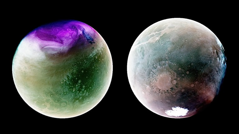 Two images of Mars against a black background. One is mostly green with a large patch of purple; the other is blue and red.