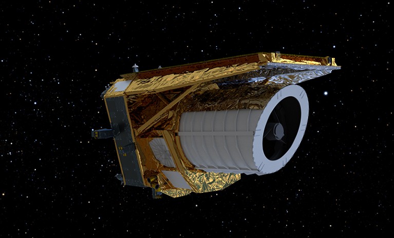 Rendering of a white cylindrical craft with gold fittings, in space.