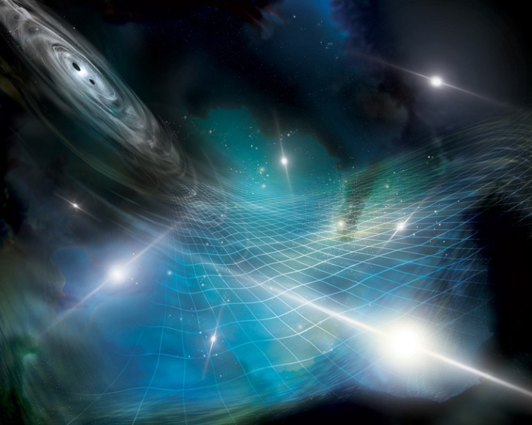 一个艺术家的解释一双超大质量黑洞发出的引力波。