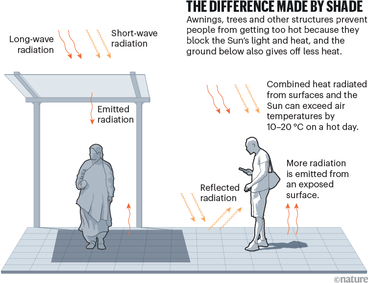 The difference made by shade. A graphic showing how awnings and trees can prevent people from getting too hot.