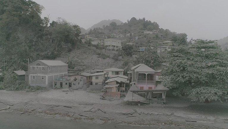 Damaged buildings after volcanic eruption in St. Vincent and the Grenadines