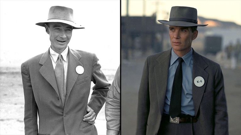 Dr. J. Robert Oppenheimer pictured in 1945 (left) and a still of Cillian Murphy in the 2023 'Oppenheimer' film.