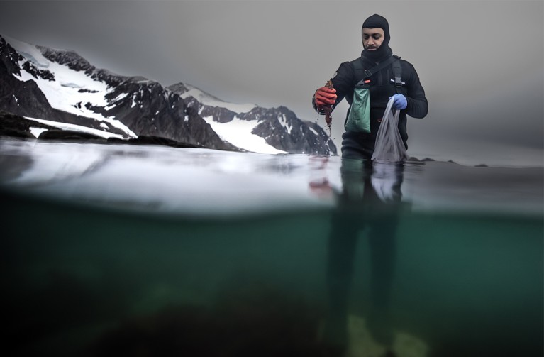Ekrem Cem Cankiriligil collects samples from the ocean on Horseshoe Island in Antarctica.